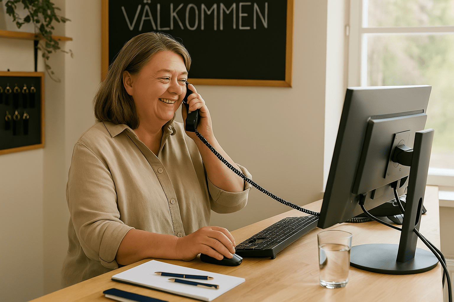 Kvinna som står i en reception framför en dator och pratar i telefon